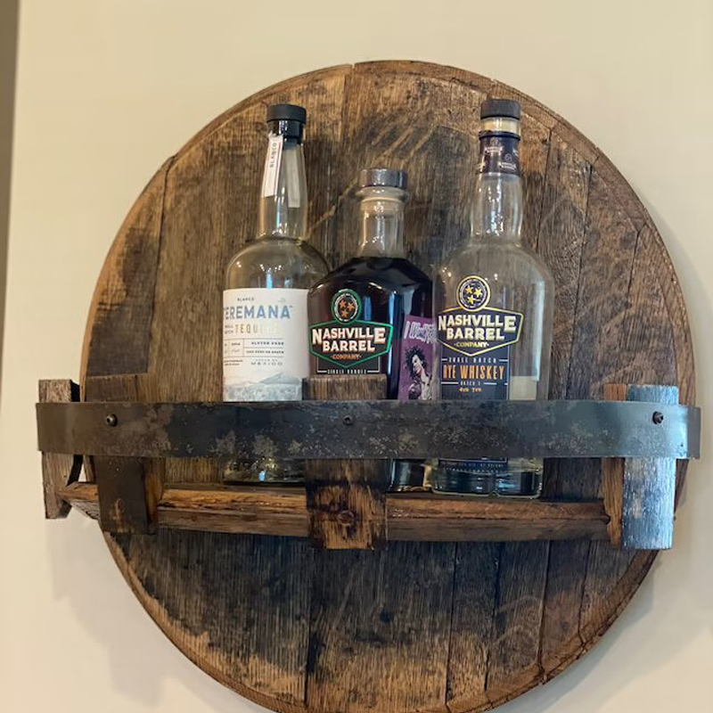 Rustic Solid Wood Round Whiskey Barrel Wall Shelf