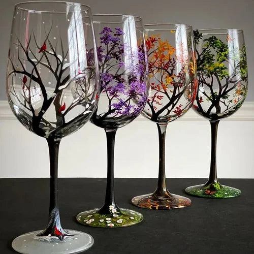 Hand-Painted Art Wine Glasses Featuring Four Seasons Design