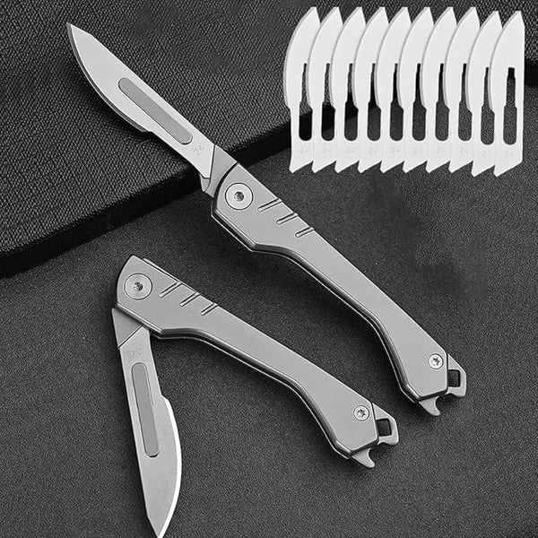 Folding Precision Knife with 10 Replacement Blades | Compact Stainless Steel Craft Knife for DIY and Detailed Work
