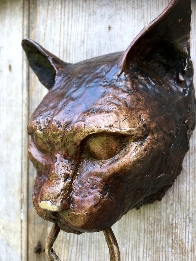 Bronze Cat Door Knocker with Mouse Pendant | Handmade Wall Decor for Cat Enthusiasts