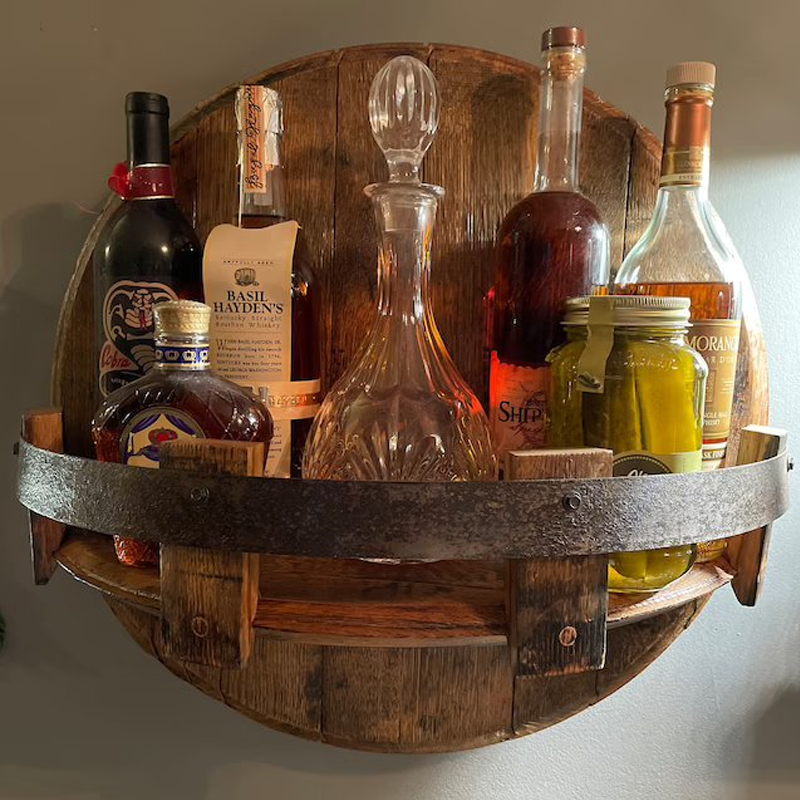Rustic Solid Wood Round Whiskey Barrel Wall Shelf