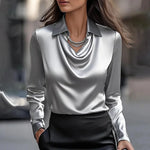 Elegant Long Sleeve Women's Blouse with Soft Draping Neckline and Relaxed Fit