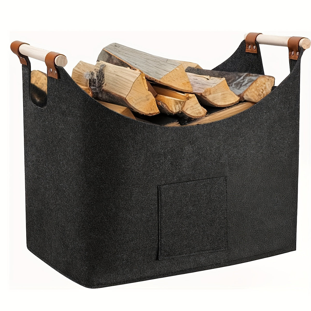 Felt Firewood Basket | Foldable | 55L Capacity | Wooden Handles & Leather Accents | Dark Gray