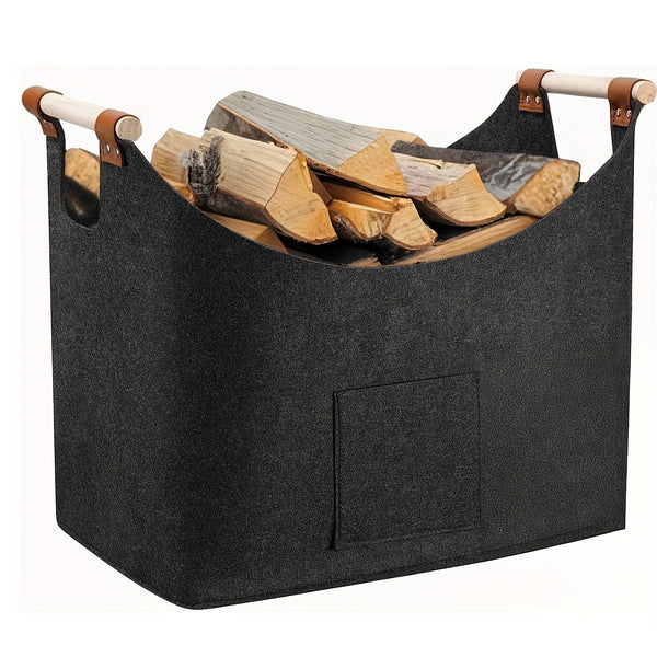 Felt Firewood Basket | Foldable | 55L Capacity | Wooden Handles & Leather Accents | Dark Gray