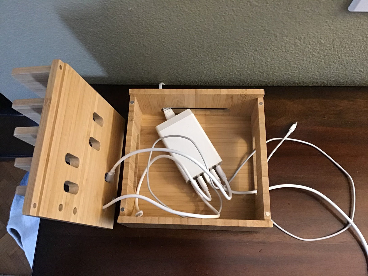 Bamboo Charging Station with 5 USB Ports & Organizer | Compatible with Smartphones, Tablets, and Smartwatches | Includes Cable Set