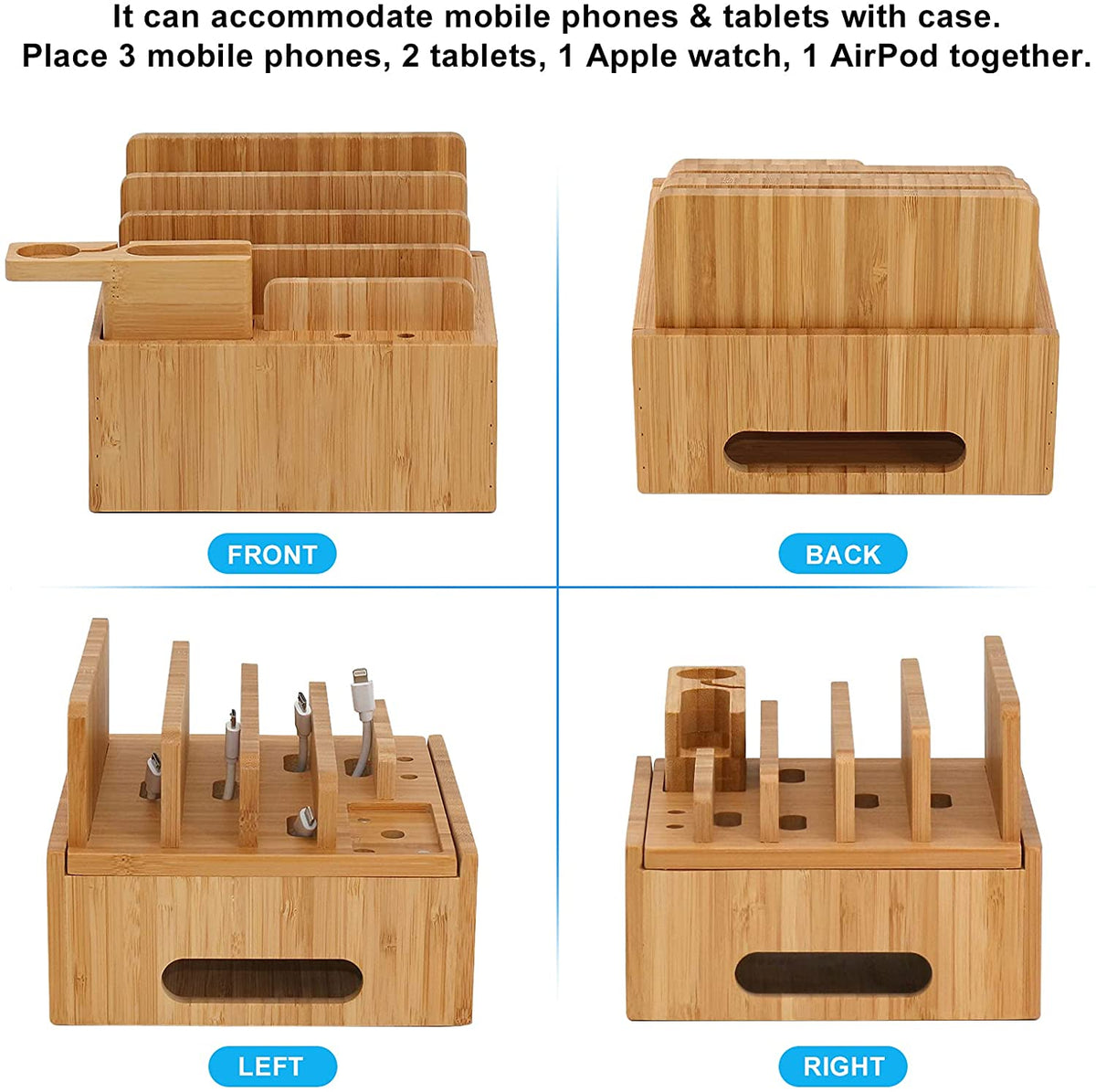 Bamboo Charging Station with 5 USB Ports & Organizer | Compatible with Smartphones, Tablets, and Smartwatches | Includes Cable Set