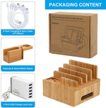 Bamboo Charging Station with 5 USB Ports & Organizer | Compatible with Smartphones, Tablets, and Smartwatches | Includes Cable Set