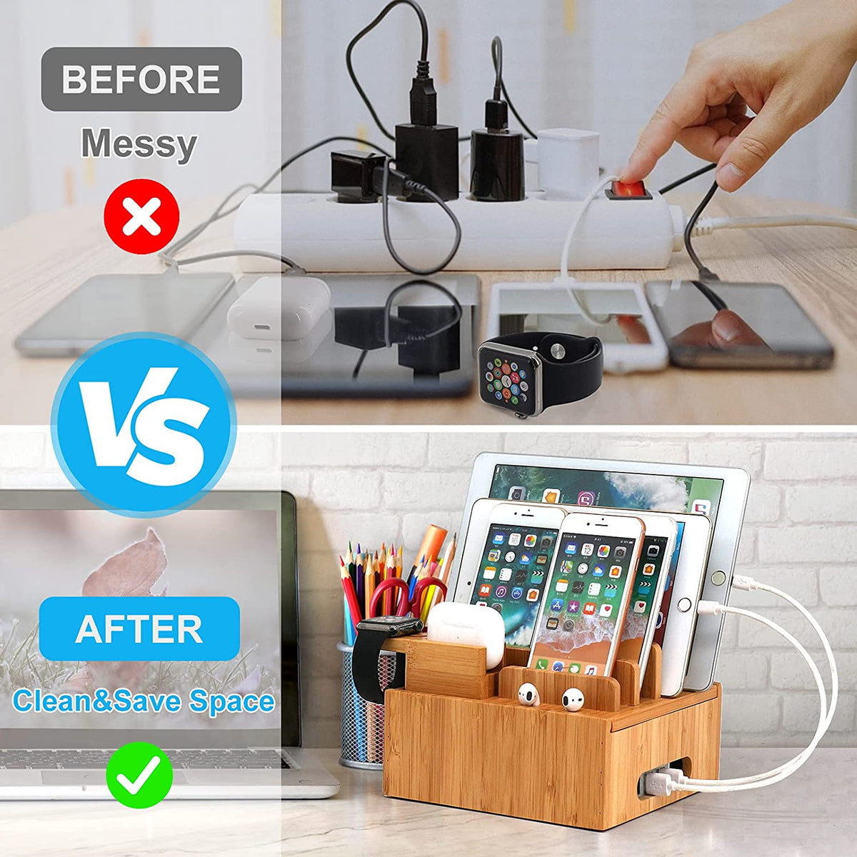 Bamboo Charging Station with 5 USB Ports & Organizer | Compatible with Smartphones, Tablets, and Smartwatches | Includes Cable Set