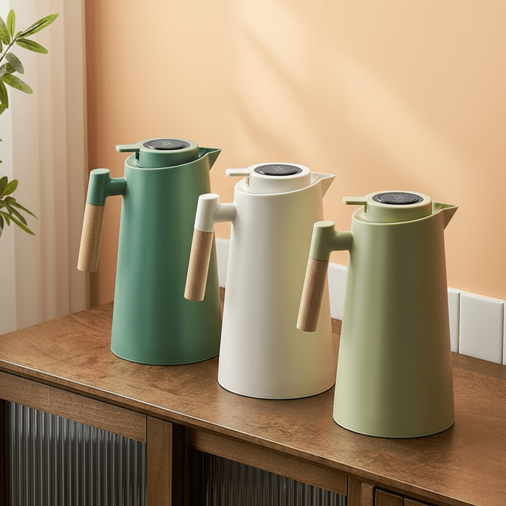 Double-Walled Thermos Bottle with Temperature Display and Wooden Handle