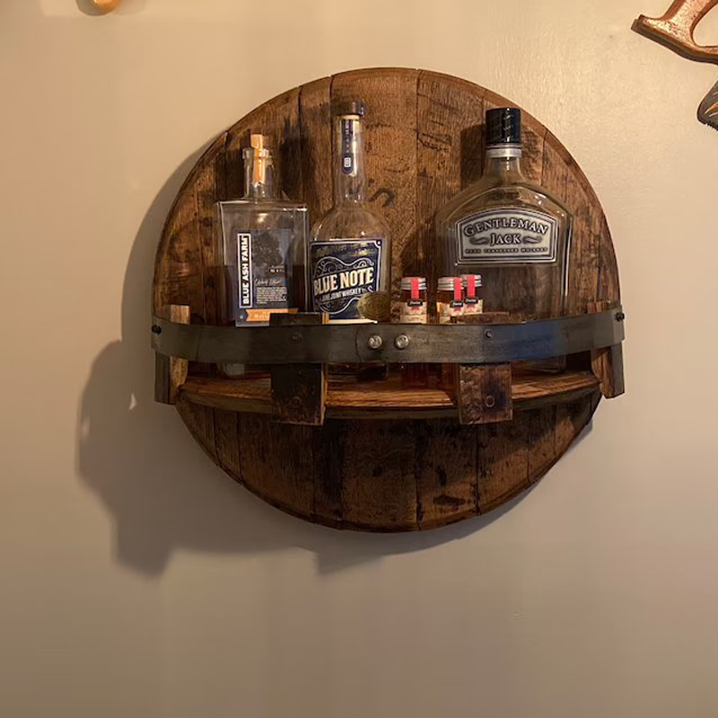Rustic Solid Wood Round Whiskey Barrel Wall Shelf