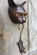 Bronze Cat Door Knocker with Mouse Pendant | Handmade Wall Decor for Cat Enthusiasts