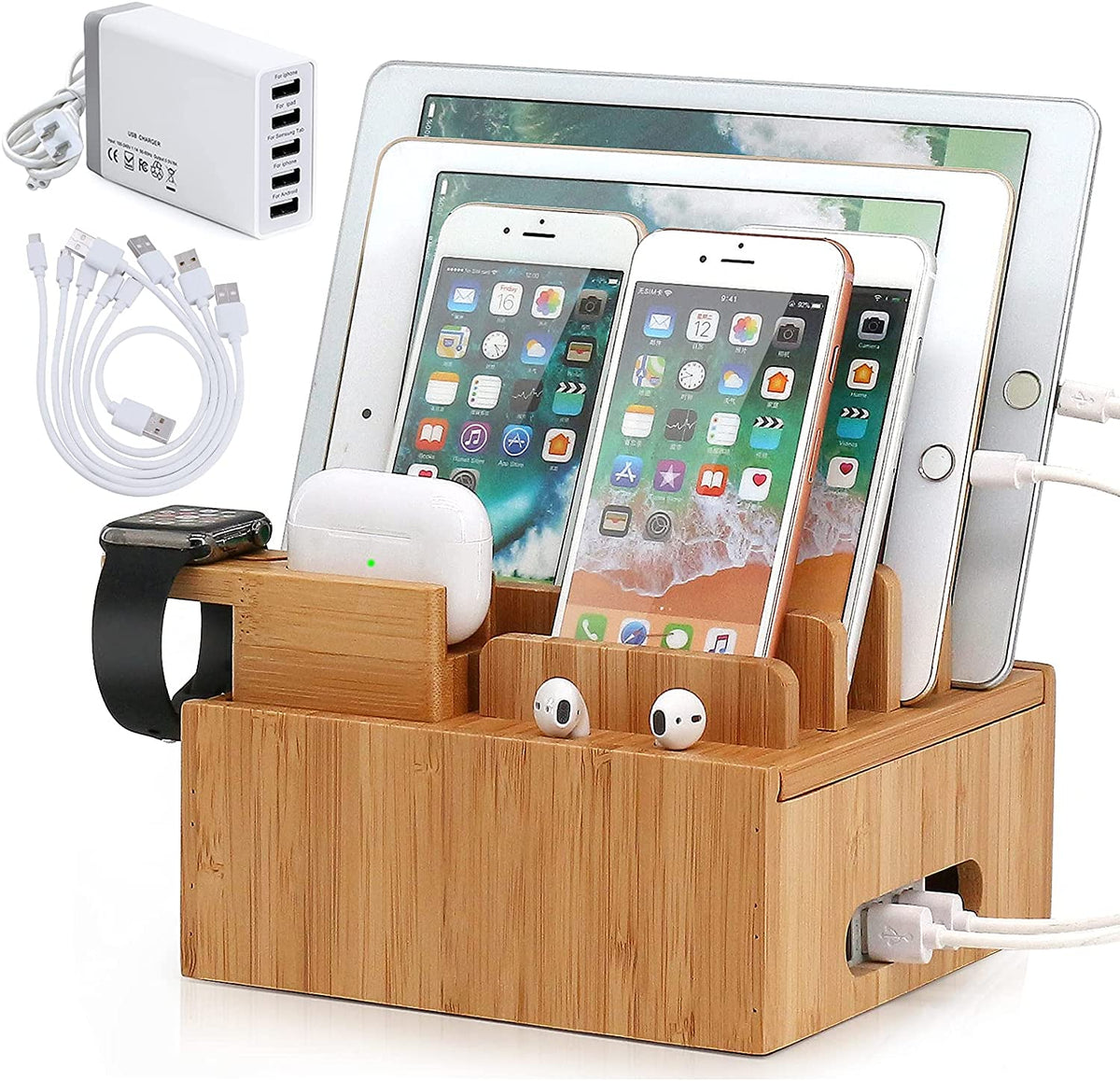 Bamboo Charging Station with 5 USB Ports & Organizer | Compatible with Smartphones, Tablets, and Smartwatches | Includes Cable Set