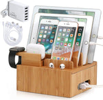 Bamboo Charging Station with 5 USB Ports & Organizer | Compatible with Smartphones, Tablets, and Smartwatches | Includes Cable Set