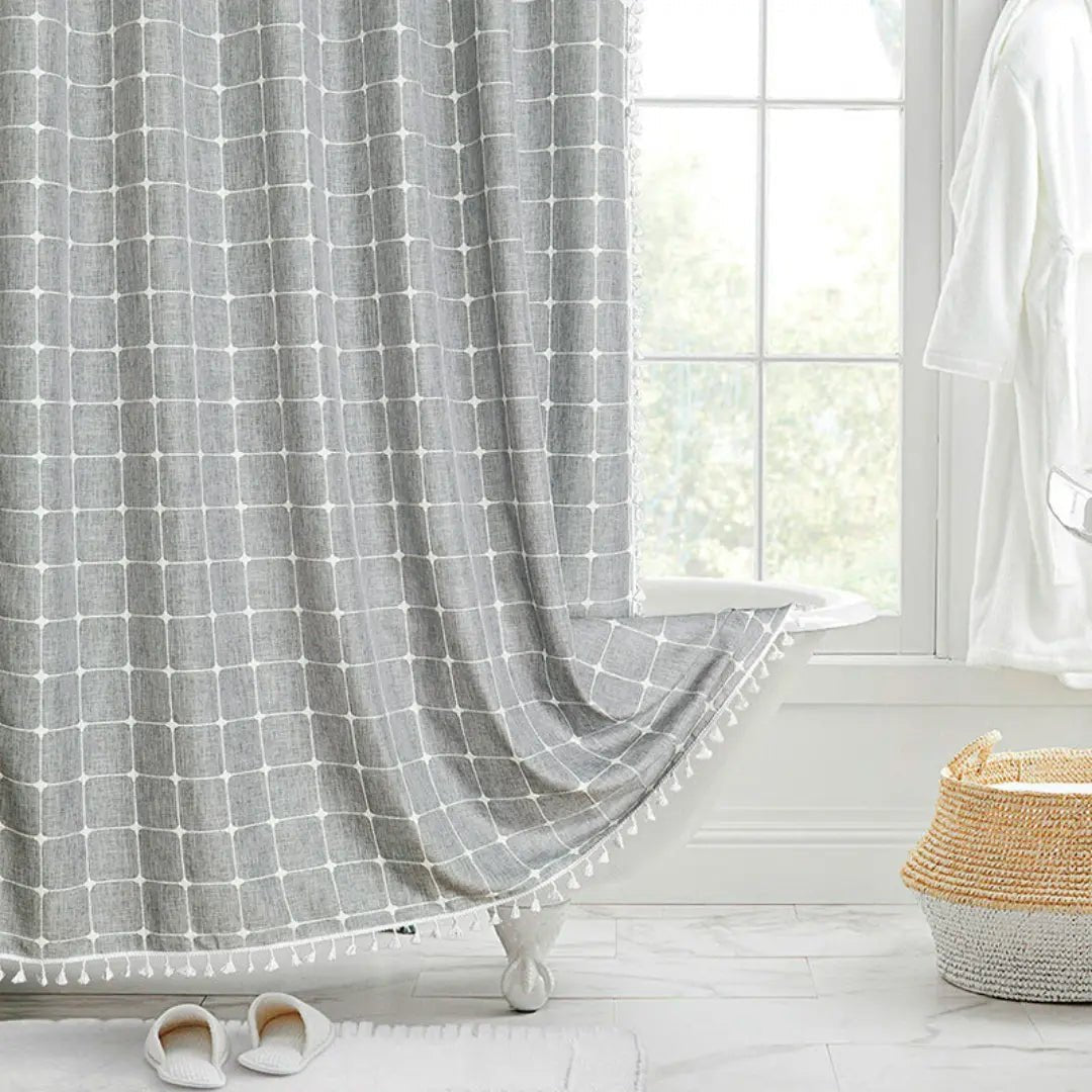 Bohemian Linen Shower Curtain with Tassels & Waterproof Design