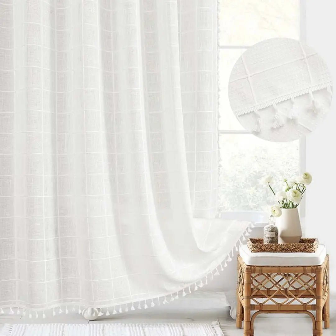Bohemian Linen Shower Curtain with Tassels & Waterproof Design