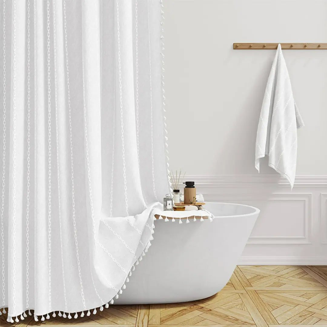 Bohemian Linen Shower Curtain with Tassels & Waterproof Design
