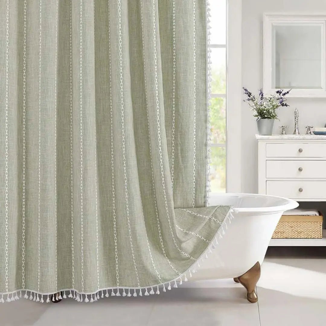 Bohemian Linen Shower Curtain with Tassels & Waterproof Design