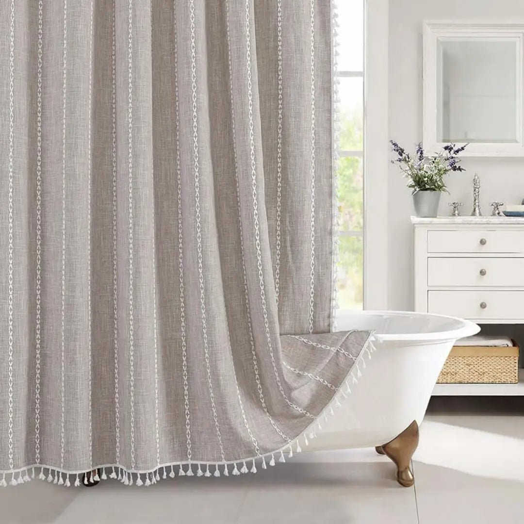 Bohemian Linen Shower Curtain with Tassels & Waterproof Design