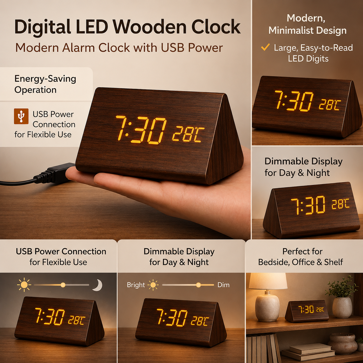 Modern Wooden Digital LED Alarm Clock