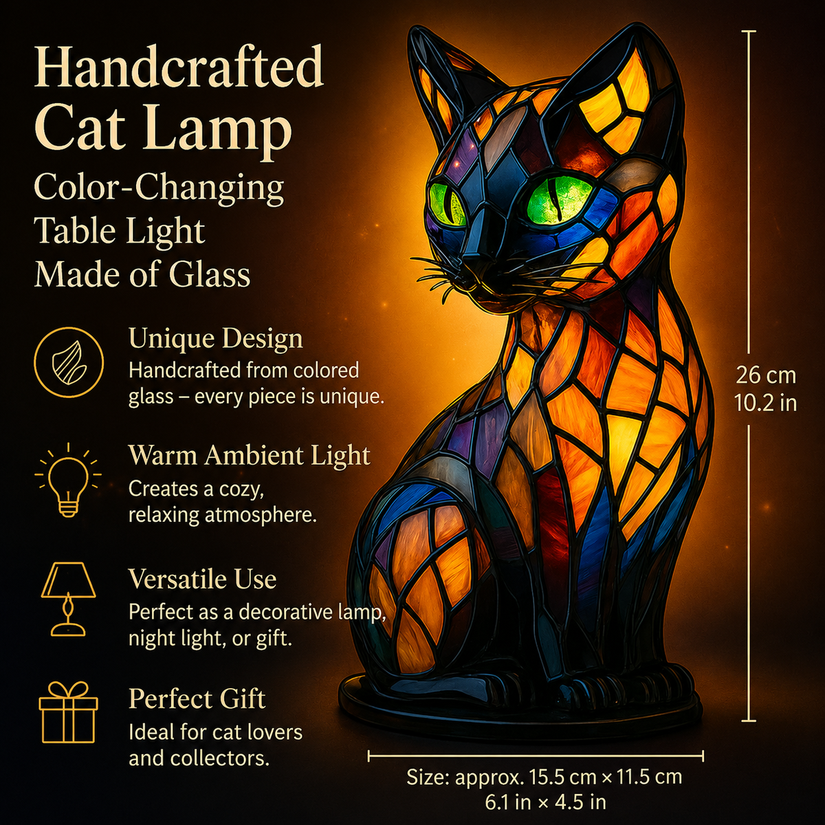 Color Changing Glass Table Lamp - Handmade Cat Design
