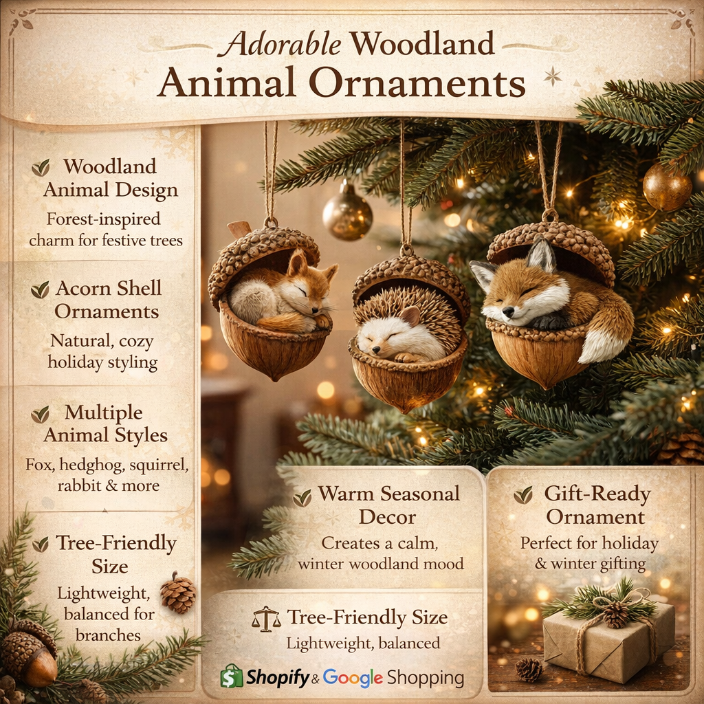 Woodland Animal Christmas Tree Ornaments - Acorn Holiday Decor