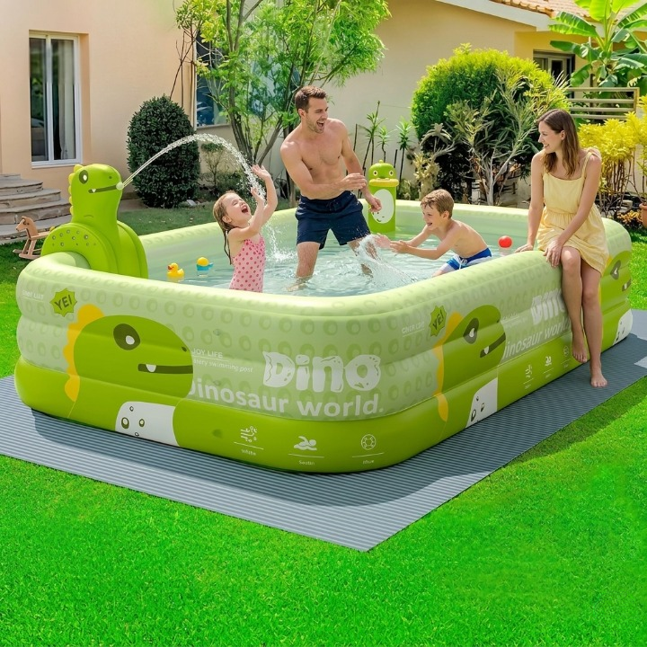 Inflatable Kids' Pool with Dino Sprayer & Sunshade — Available in 170 or 210 cm