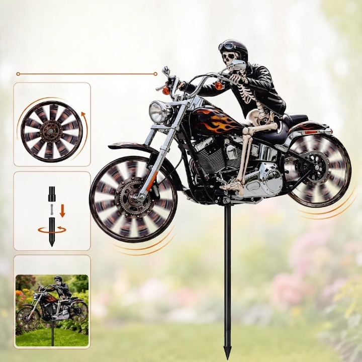Garden Wind Spinner Featuring Skeleton Rider for Motorcycles
