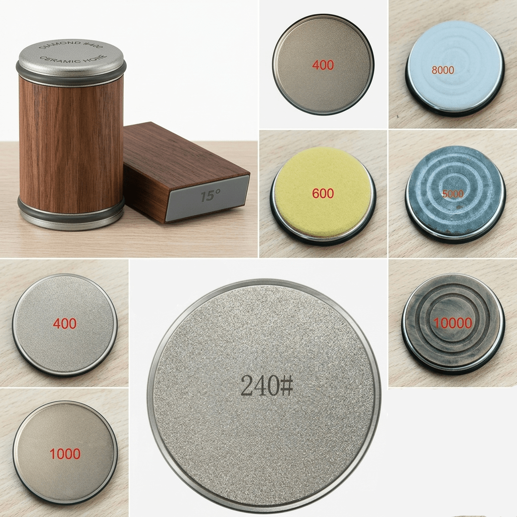 Rolling Knife Sharpener Set with Diamond Grinder and Wooden Base