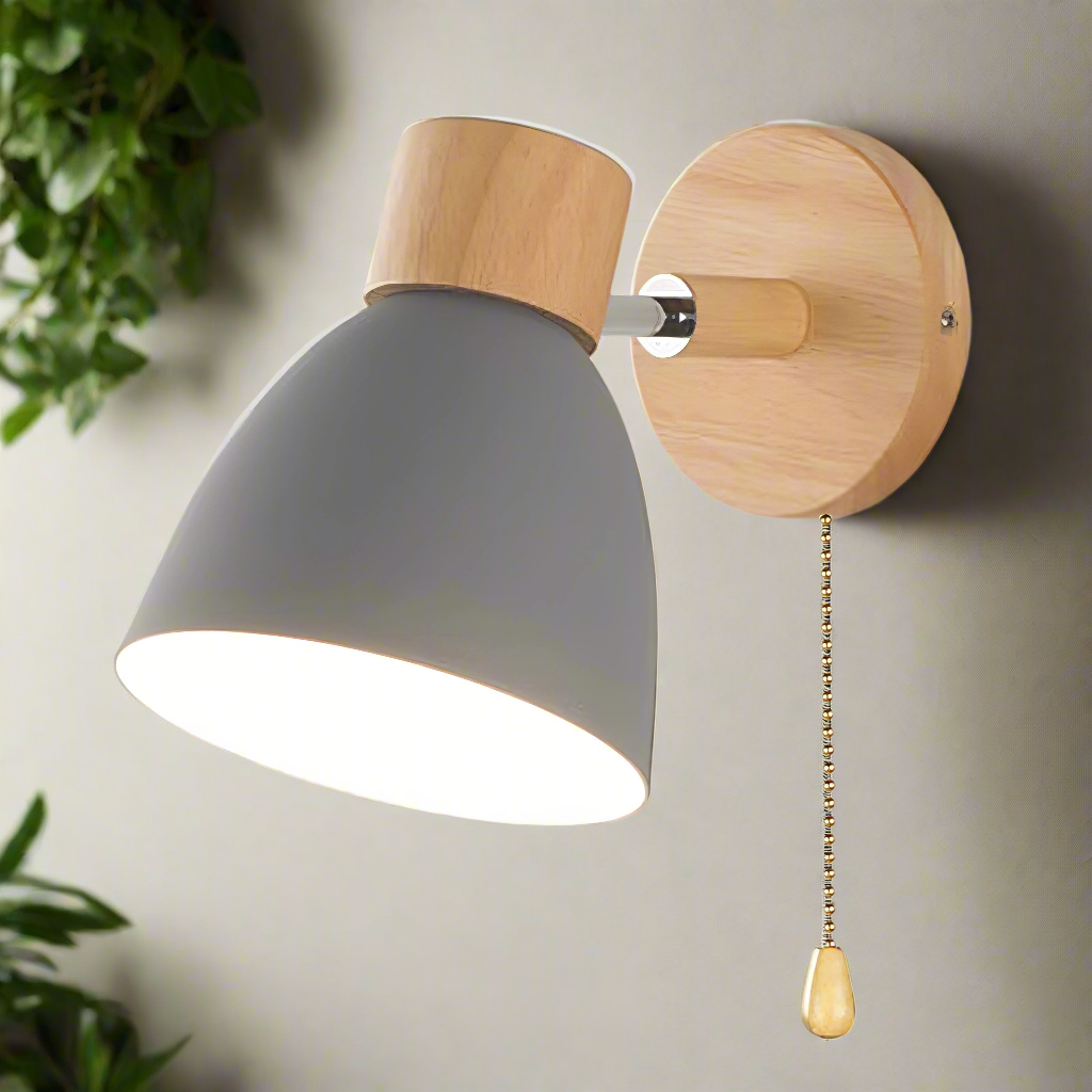 Scandinavian Wooden Wall Light with Switch – Natural Living Room Decor