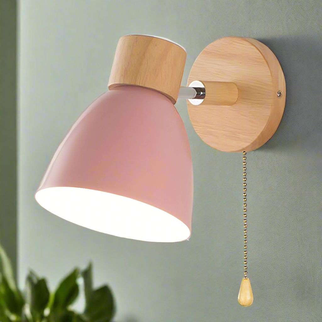 Scandinavian Wooden Wall Light with Switch – Natural Living Room Decor