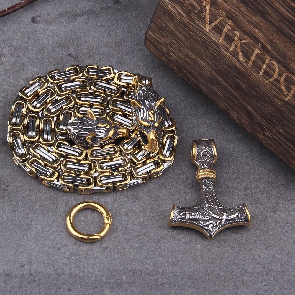 60–90 cm Stainless Steel Double Wolf Head & Hammer Survival Spirit Necklace/Bracelet