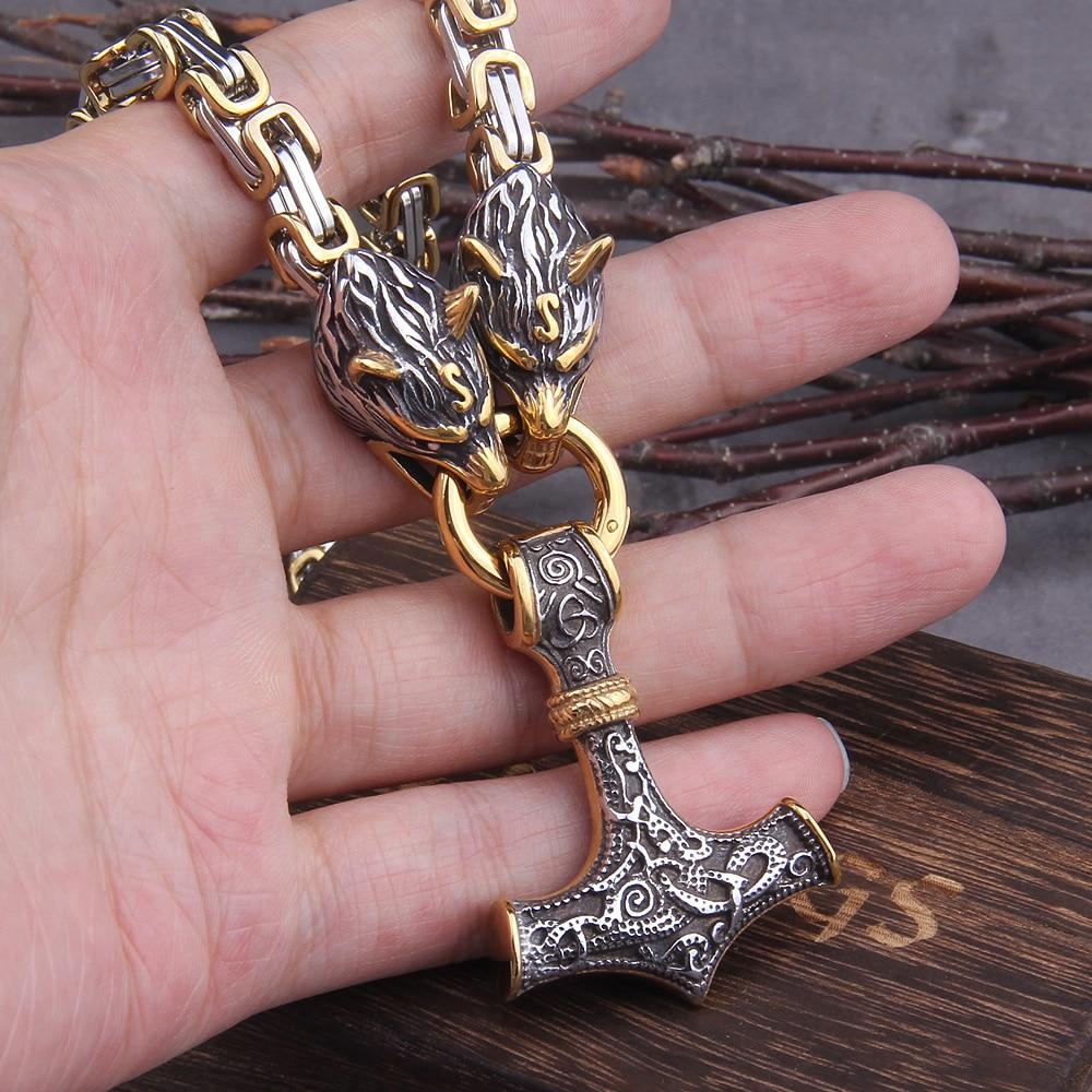 60–90 cm Stainless Steel Double Wolf Head & Hammer Survival Spirit Necklace/Bracelet