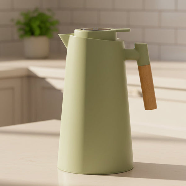 Double-Walled Thermos Bottle with Temperature Display and Wooden Handle