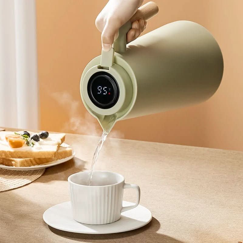 Double-Walled Thermos Bottle with Temperature Display and Wooden Handle
