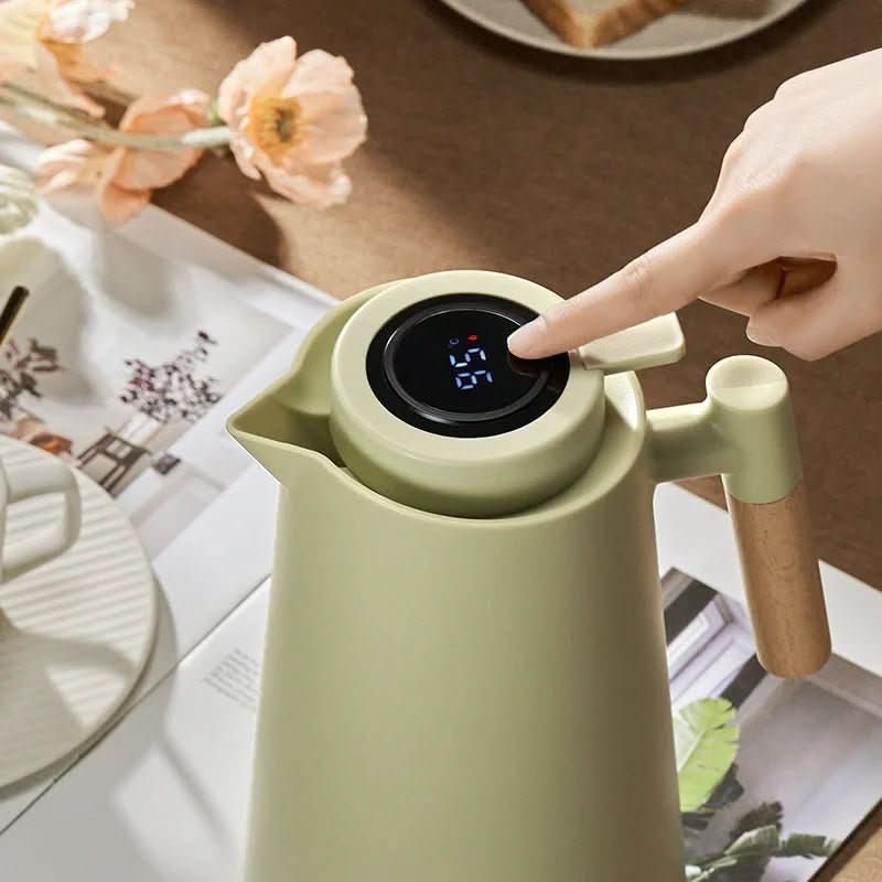 Double-Walled Thermos Bottle with Temperature Display and Wooden Handle