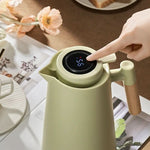 Double-Walled Thermos Bottle with Temperature Display and Wooden Handle