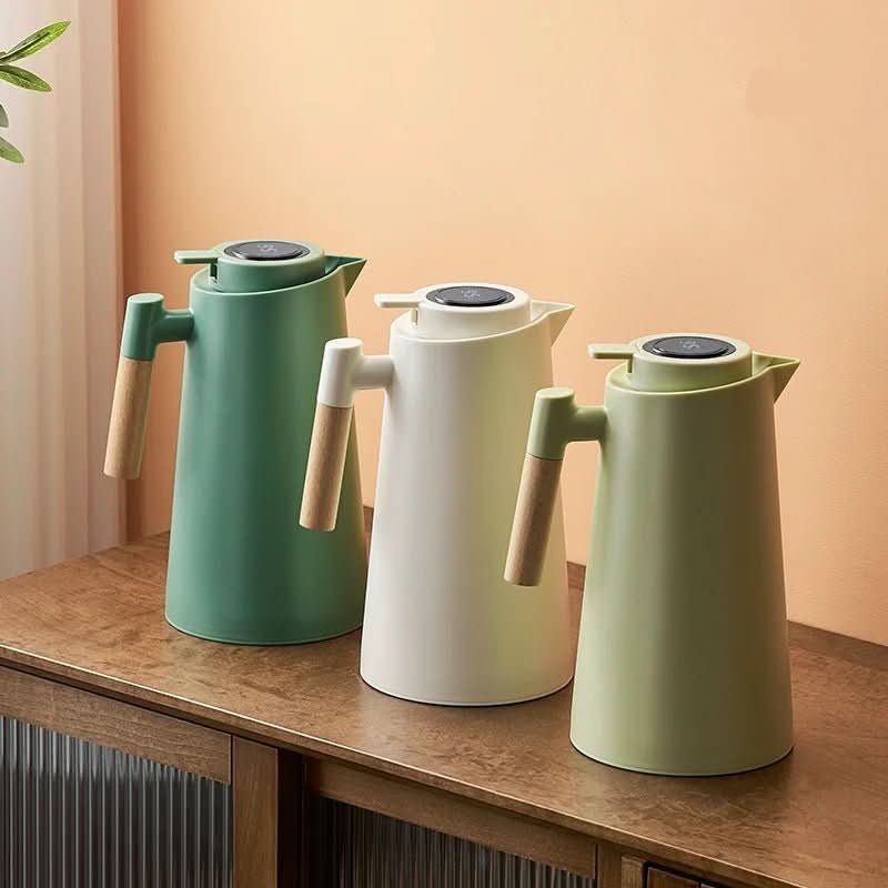Double-Walled Thermos Bottle with Temperature Display and Wooden Handle