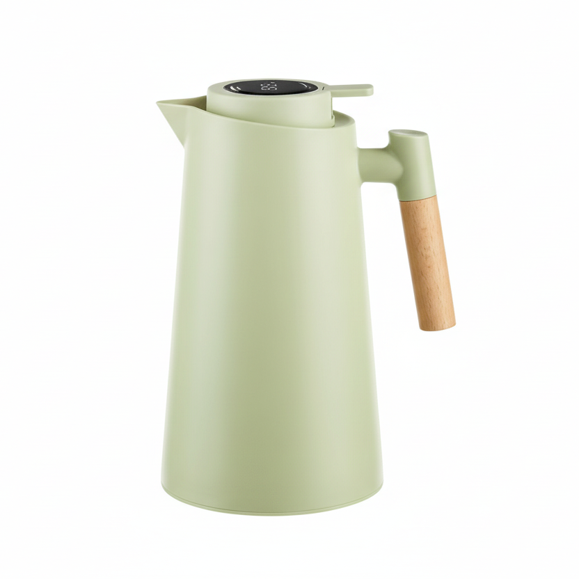 Double-Walled Thermos Bottle with Temperature Display and Wooden Handle