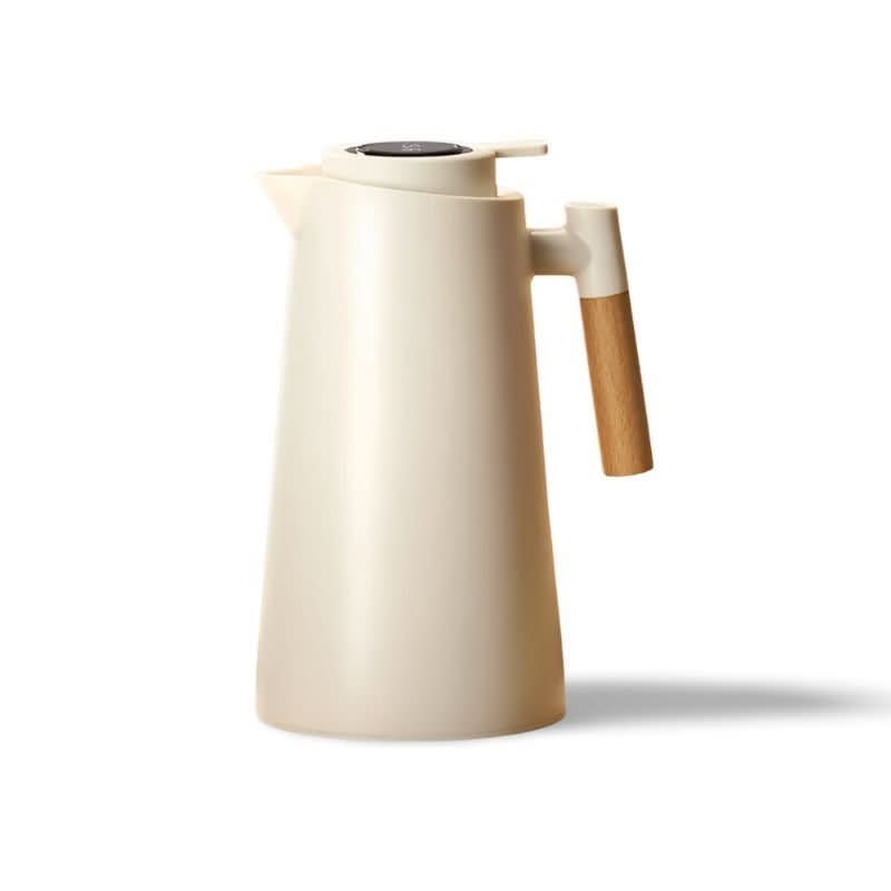 Double-Walled Thermos Bottle with Temperature Display and Wooden Handle