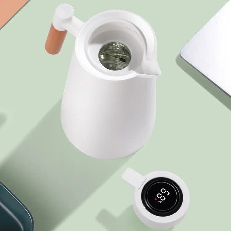 Double-Walled Thermos Bottle with Temperature Display and Wooden Handle