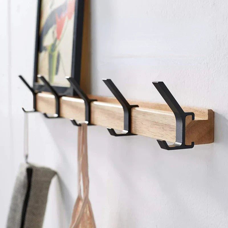 Scandinavian Style Wall Coat Rack with Adjustable Hooks – Wood and Metal Design