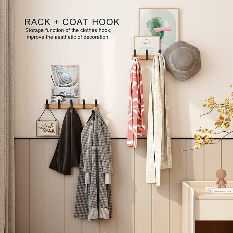 Scandinavian Style Wall Coat Rack with Adjustable Hooks – Wood and Metal Design