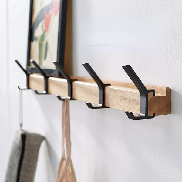 Wall Coat Rack with Adjustable Double Hooks | Scandinavian Design | Wood & Aluminum | Space-Saving & Modern