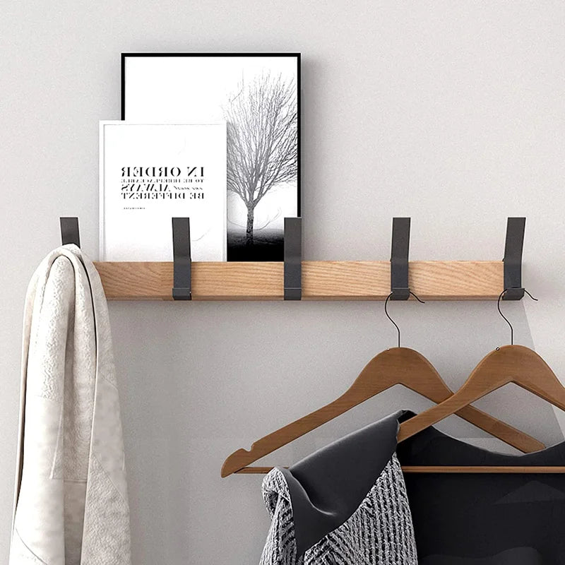 Scandinavian Style Wall Coat Rack with Adjustable Hooks – Wood and Metal Design
