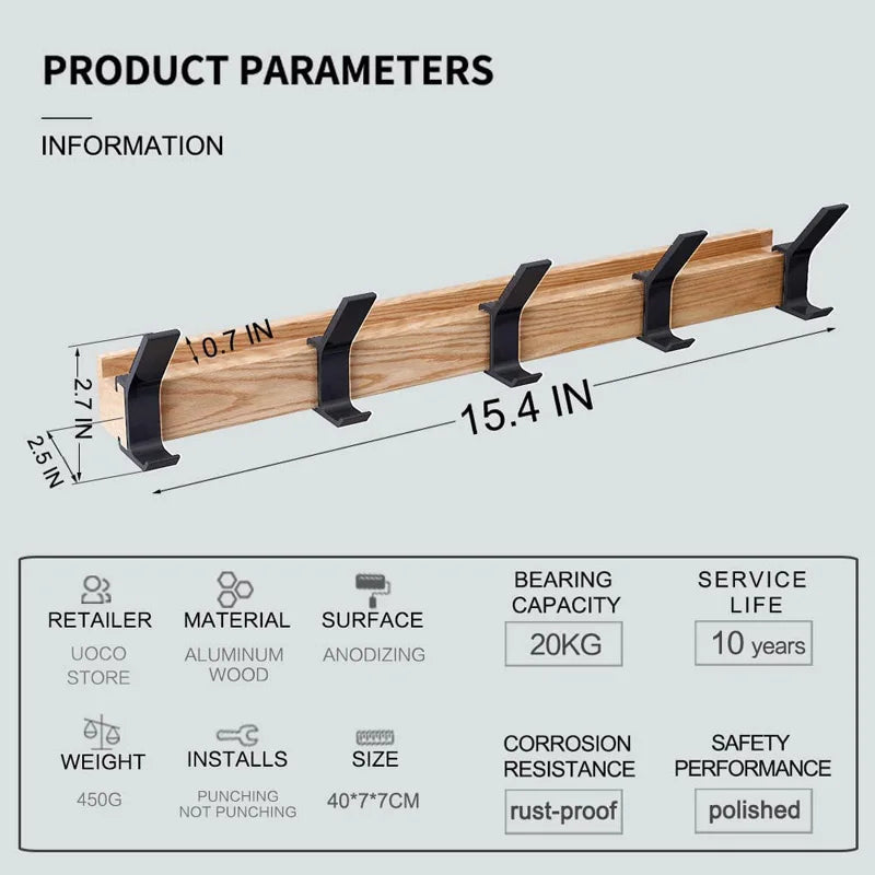 Wall Coat Rack with Adjustable Double Hooks | Scandinavian Design | Wood & Aluminum | Space-Saving & Modern