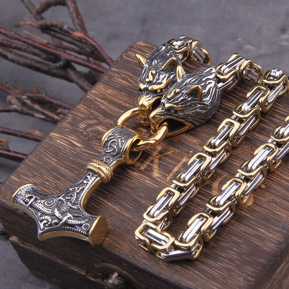 60–90 cm Stainless Steel Double Wolf Head & Hammer Survival Spirit Necklace/Bracelet