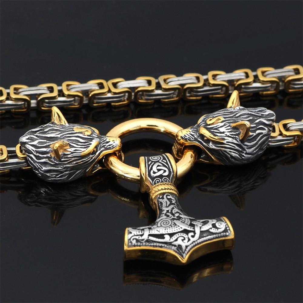 60–90 cm Stainless Steel Double Wolf Head & Hammer Survival Spirit Necklace/Bracelet