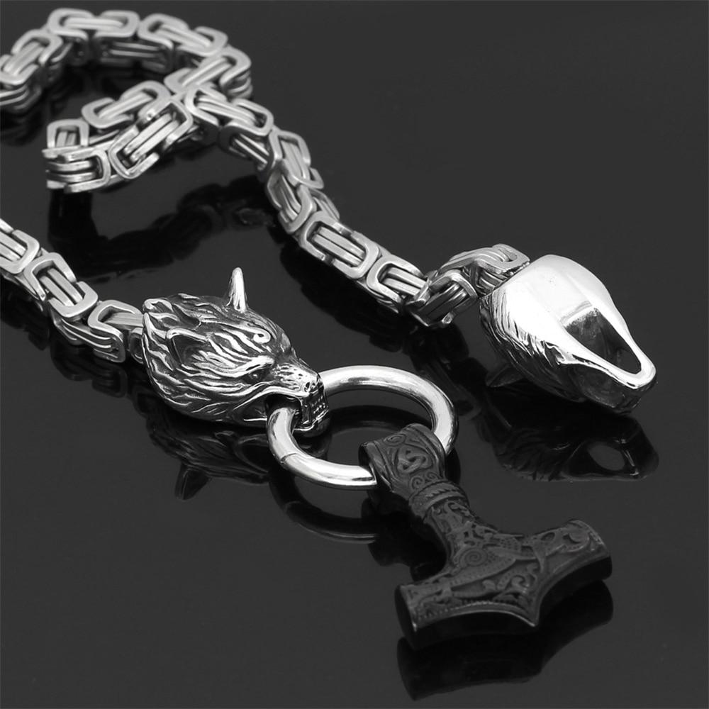 60–90 cm Stainless Steel Double Wolf Head & Hammer Survival Spirit Necklace/Bracelet