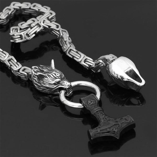 60–90 cm Stainless Steel Double Wolf Head & Hammer Survival Spirit Necklace/Bracelet