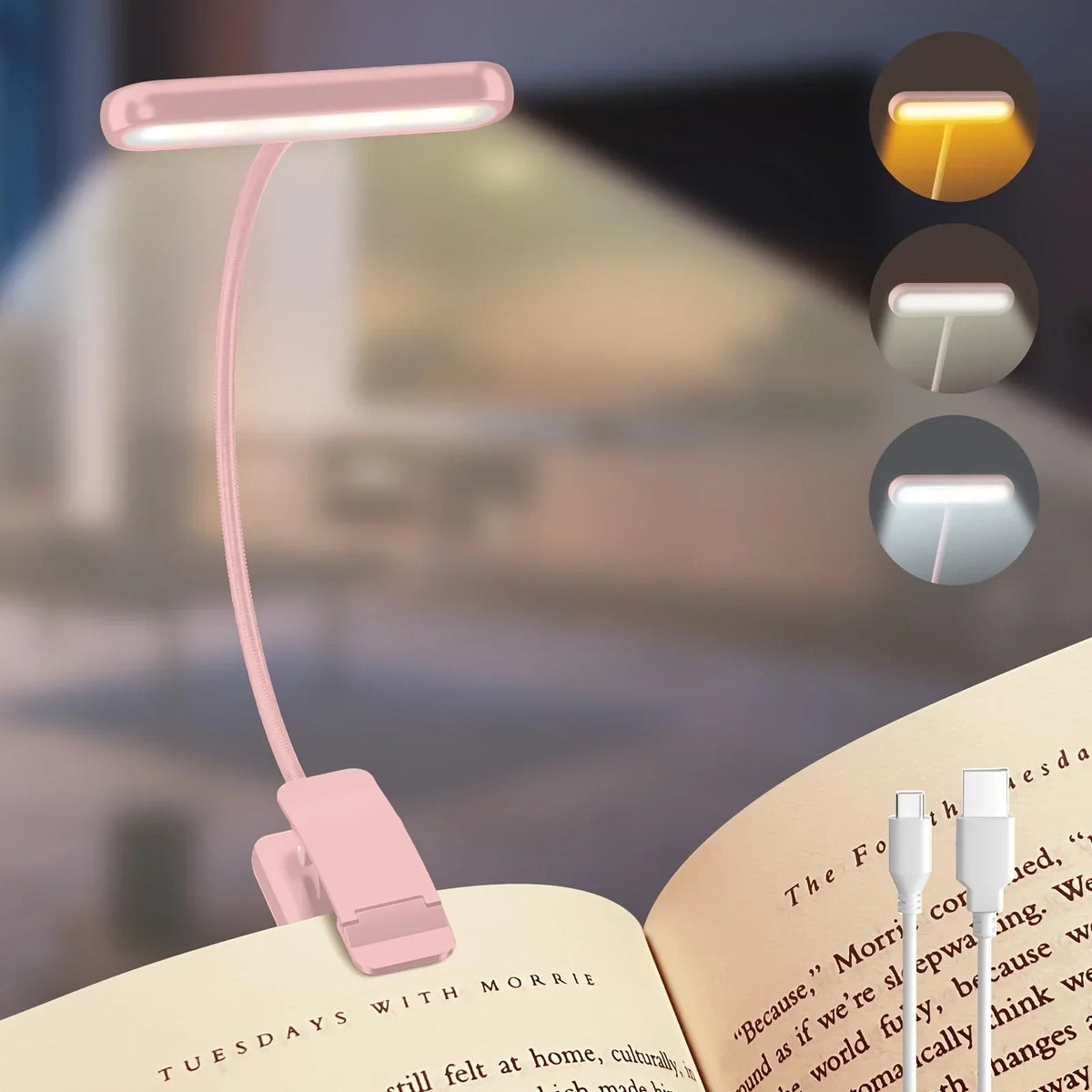 Flexible Reading Lamp | USB Rechargeable | 3 Light Colors & Dimmable | Clip-On with Flexible Arm